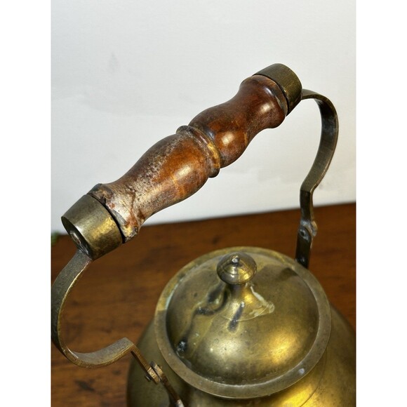 Vintage Decorative Brass Tea Kettle W/Wood Handle & Gooseneck Spout Patina - Picture 5 of 10